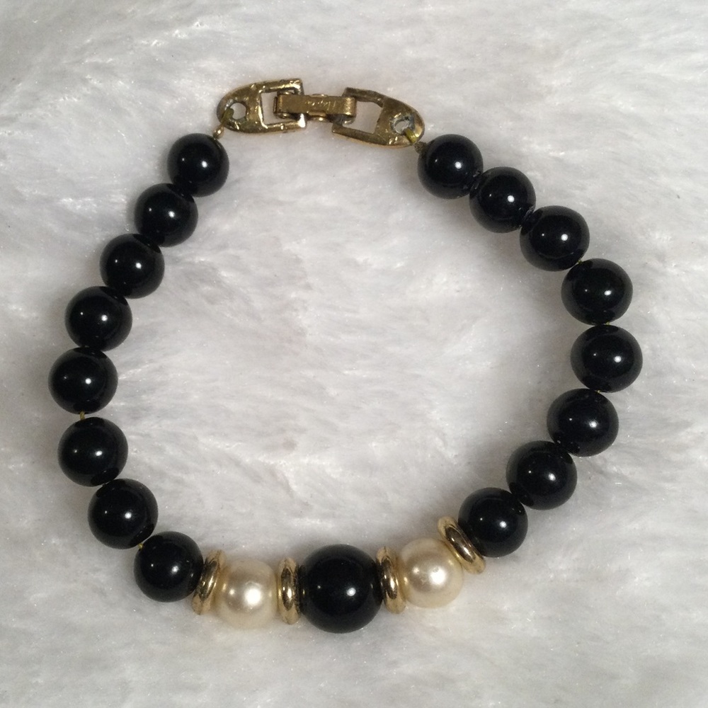 Napier Black Bead Bracelet with Pearl Accent and Gold-Tone Hardware